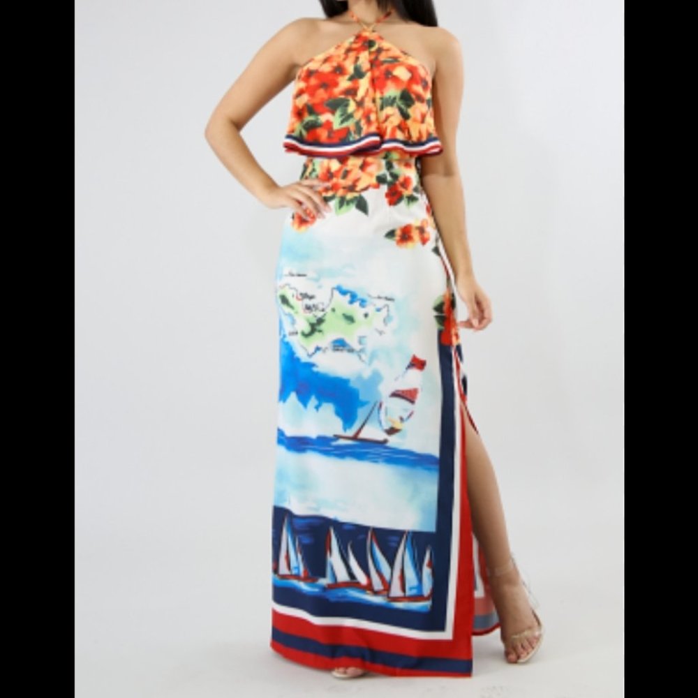 Halter open back side slit maxi dress